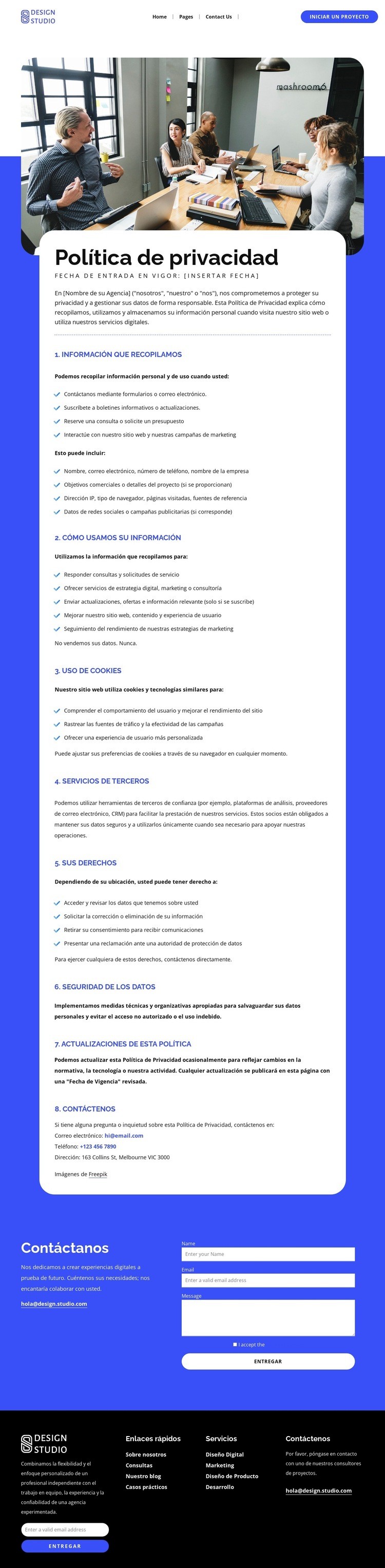 Política de protección de datos y privacidad Página de destino