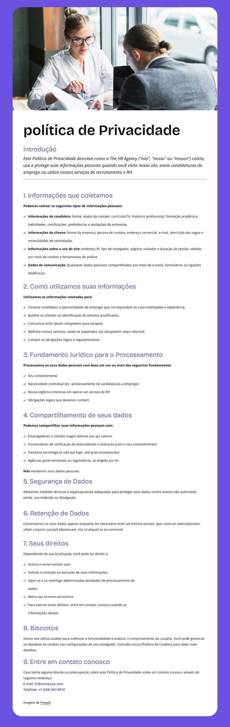 Como usamos suas informações Tema WordPress