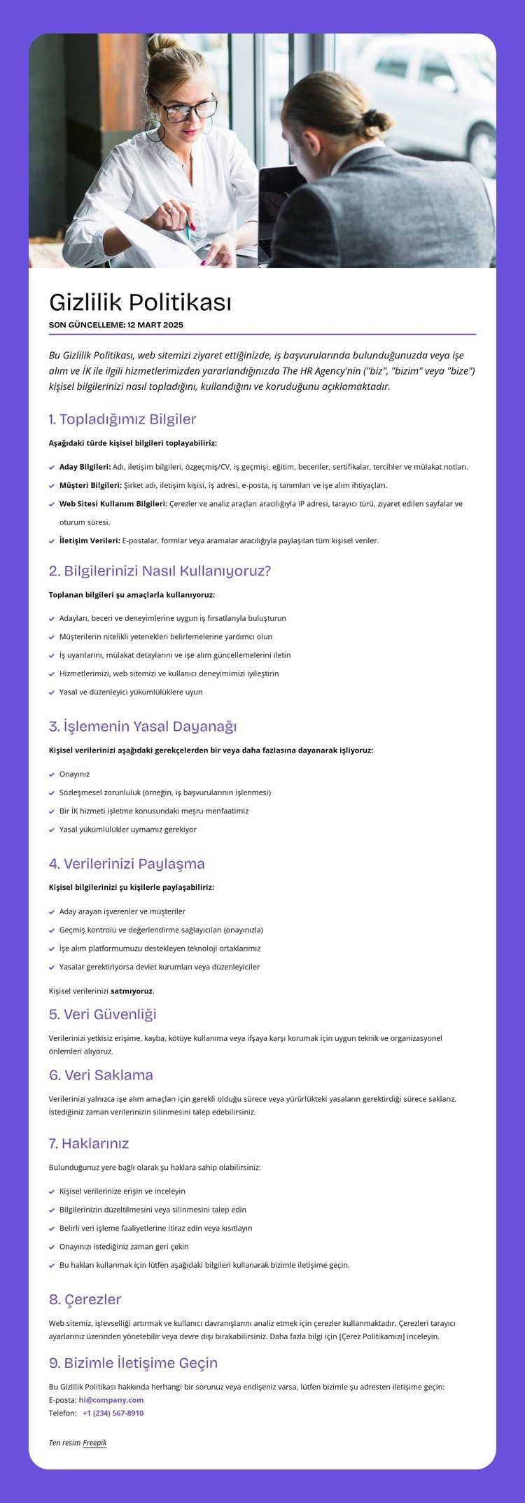 Bilgilerinizi nasıl kullanıyoruz? Bir Sayfa Şablonu