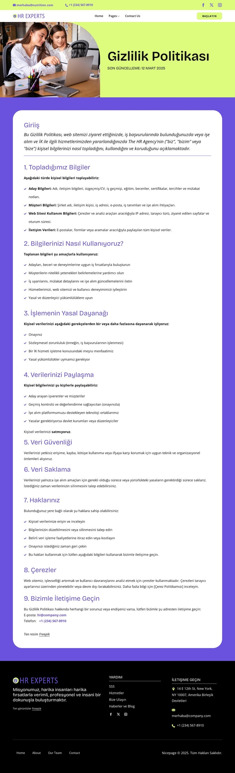 Sizin için çalışan gizlilik Web Sitesi Şablonu