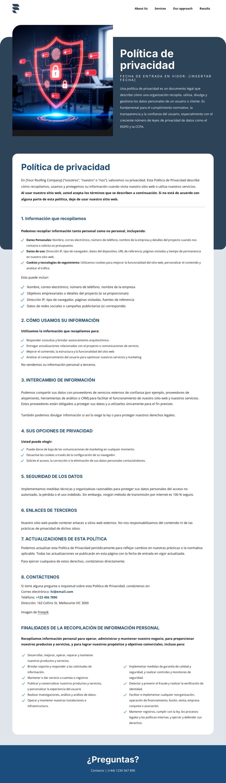 La privacidad es importante para nuestros clientes Plantilla CSS