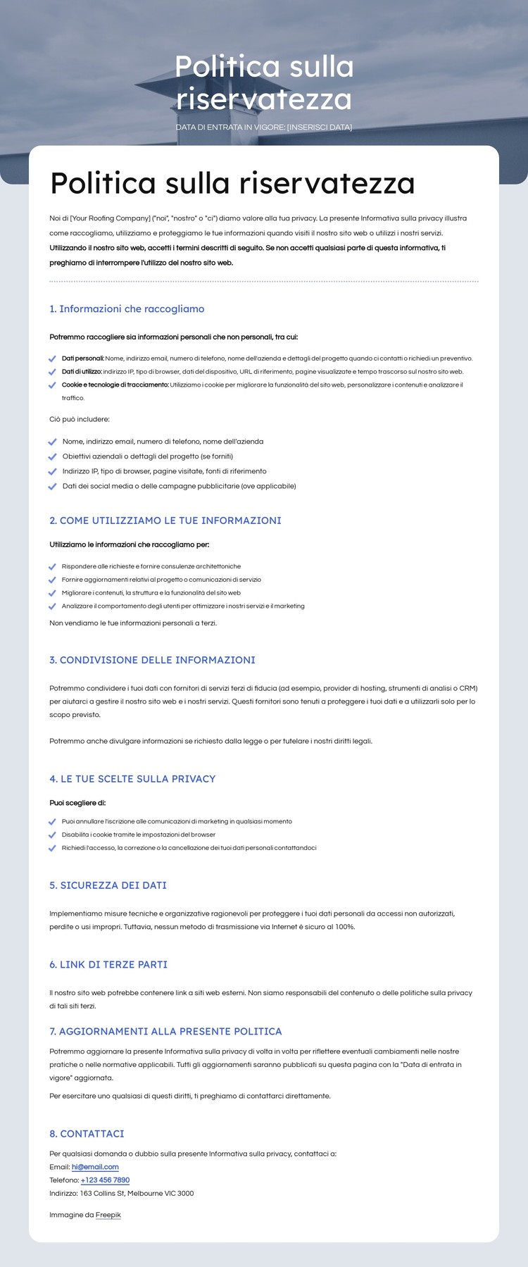 Rispettiamo la tua privacy Modello CSS