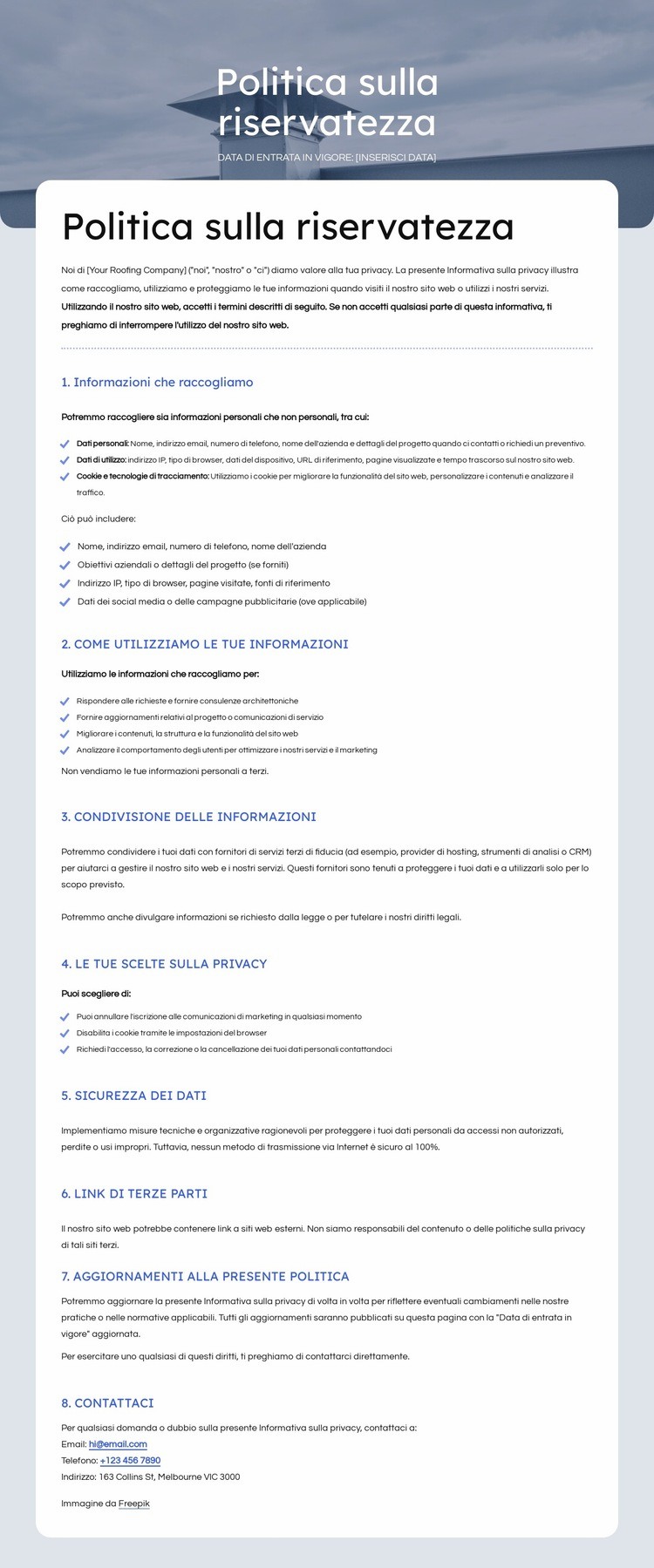 Rispettiamo la tua privacy Modello HTML5