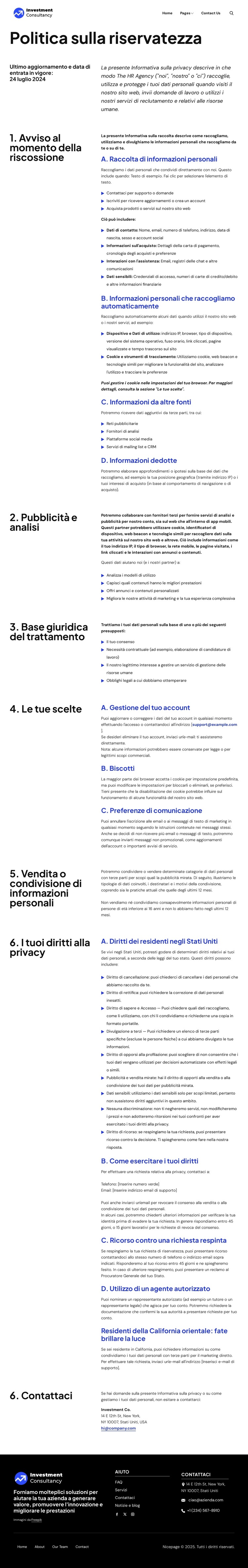 Politica sulla riservatezza Modello di sito Web