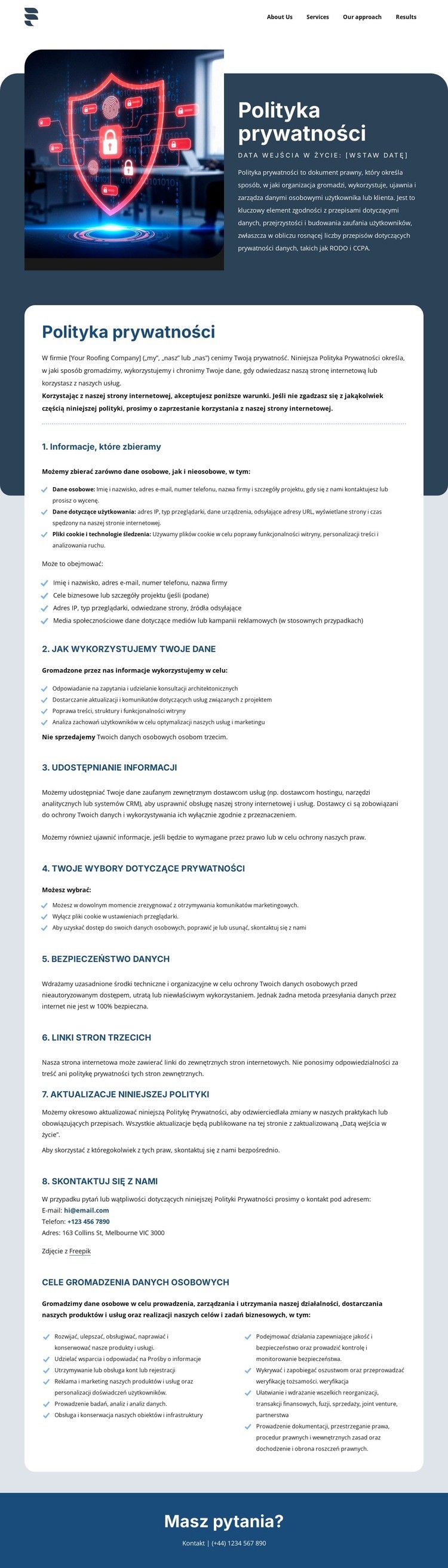Prywatność ma znaczenie dla naszych klientów Projekt strony internetowej