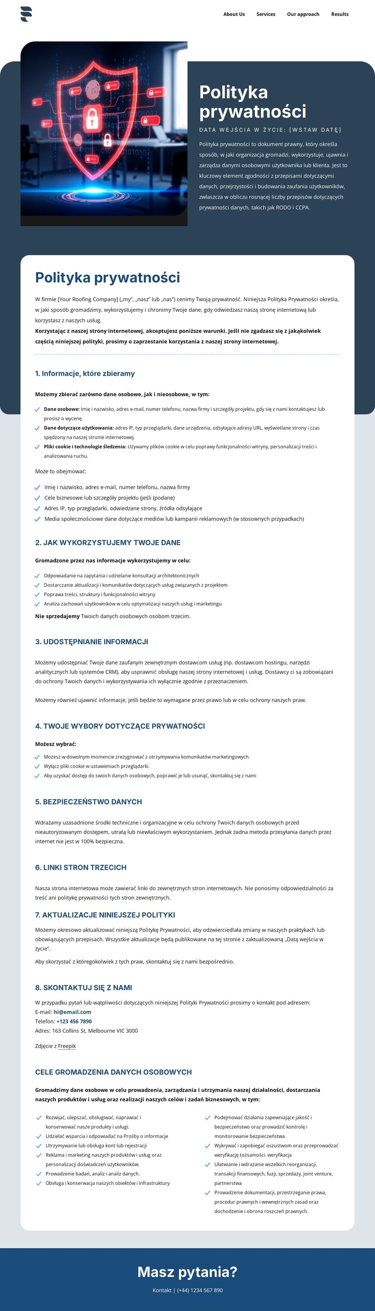 Prywatność ma znaczenie dla naszych klientów Szablon witryny sieci Web