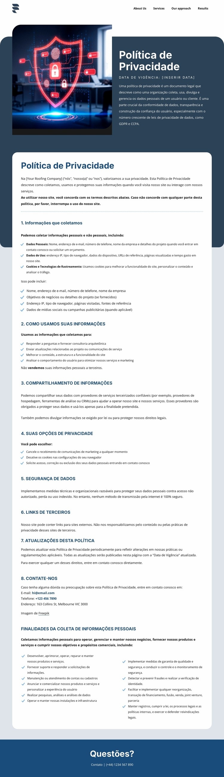 A privacidade é importante para nossos clientes Design do site