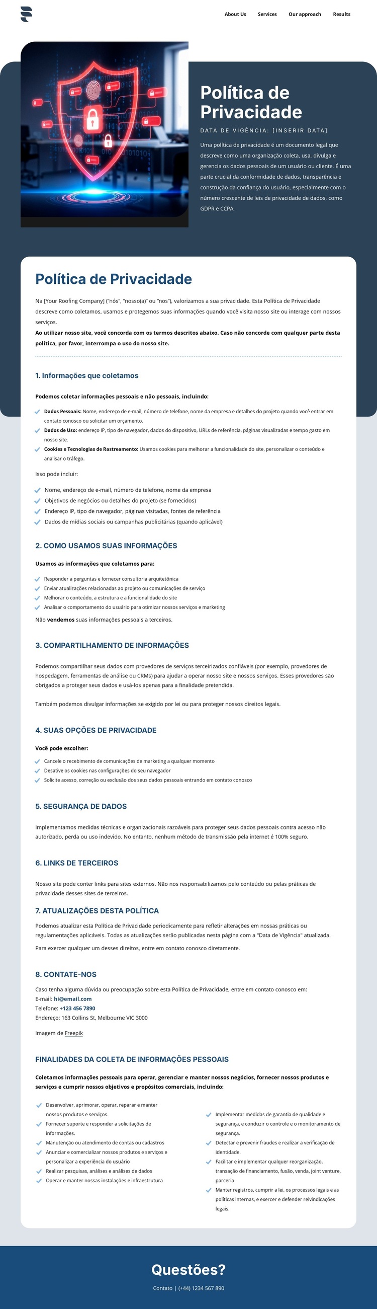 A privacidade é importante para nossos clientes Modelo de site