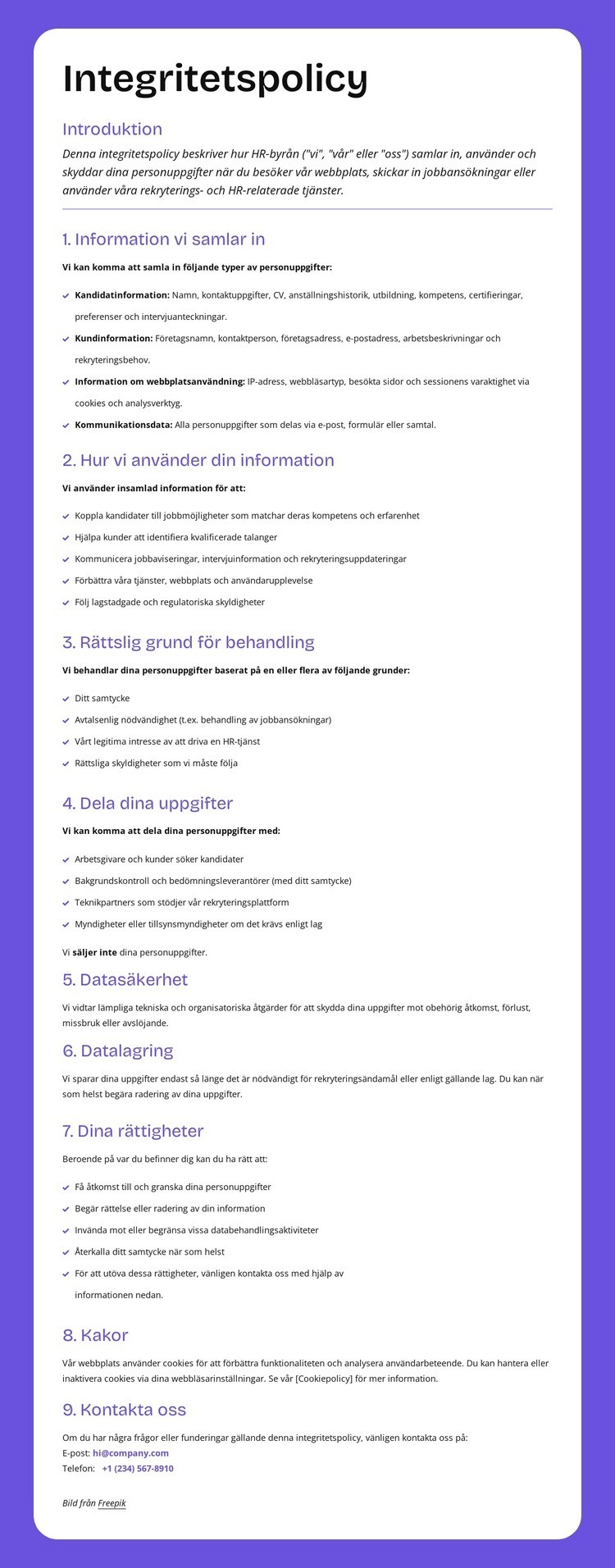 Integritetsskydd på företagsnivå Webbplats mall