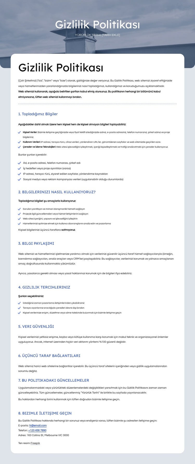 Gizliliğinize saygı duyuyoruz Bir Sayfa Şablonu
