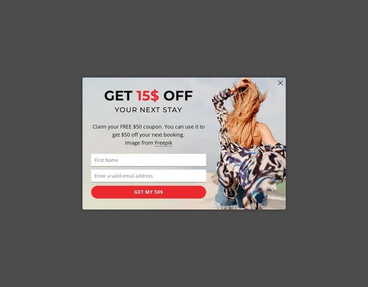 Get 15$ off your next stay - Html Code Example by Nicepage