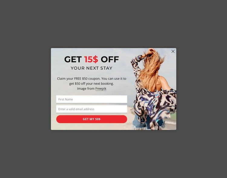 Get 15$ off your next stay One Page Template