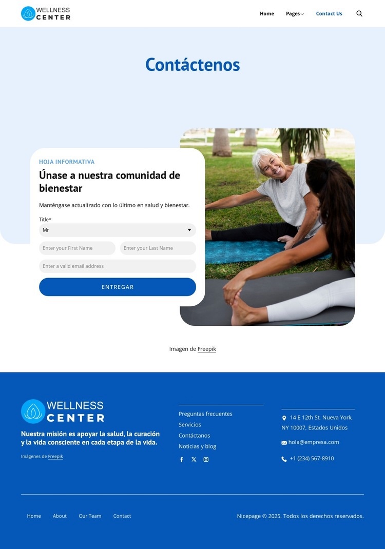 Página de contacto del centro de bienestar Página de destino