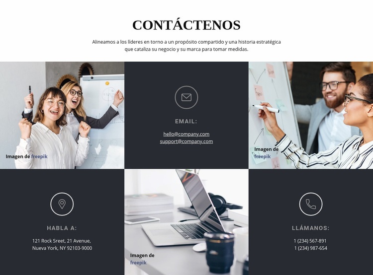 Dirección de correo electrónico, teléfono y ubicación Maqueta de sitio web