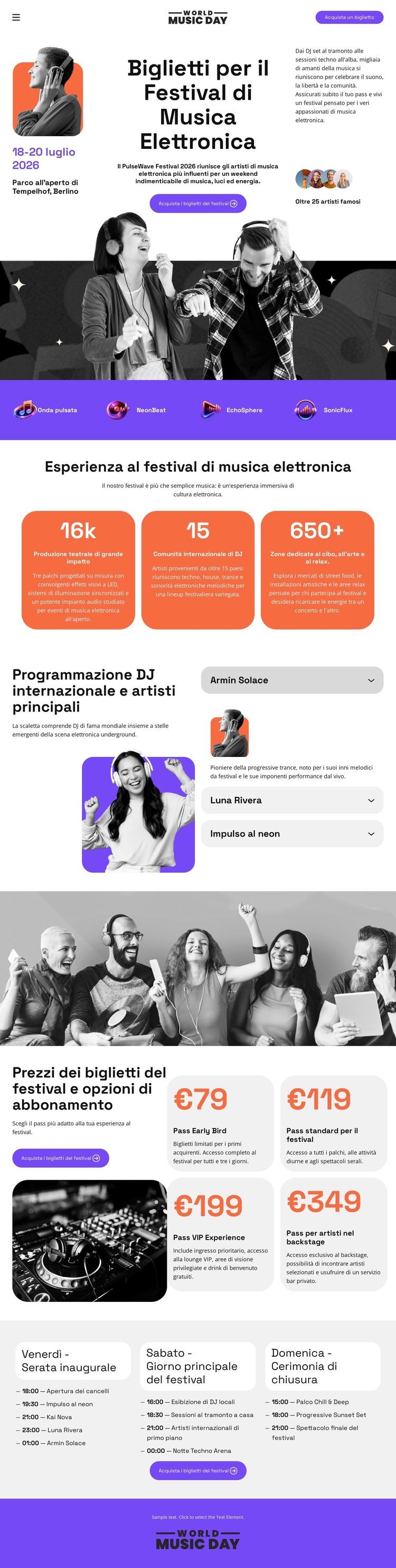 Biglietto per il festival di musica elettronica Modello di sito Web