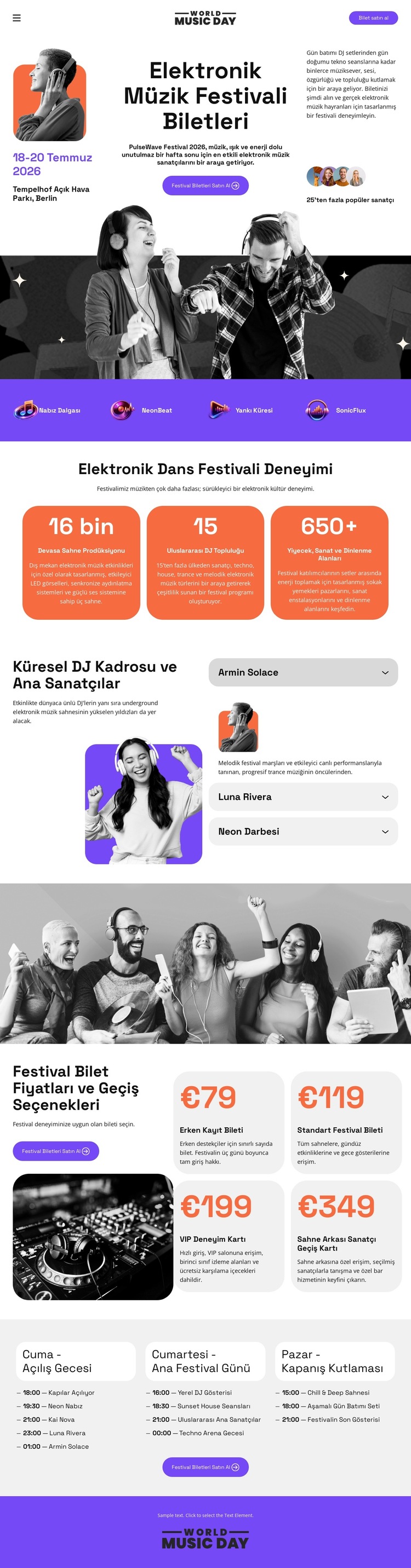 Elektronik Müzik Festivali Bileti Web Sitesi Şablonu