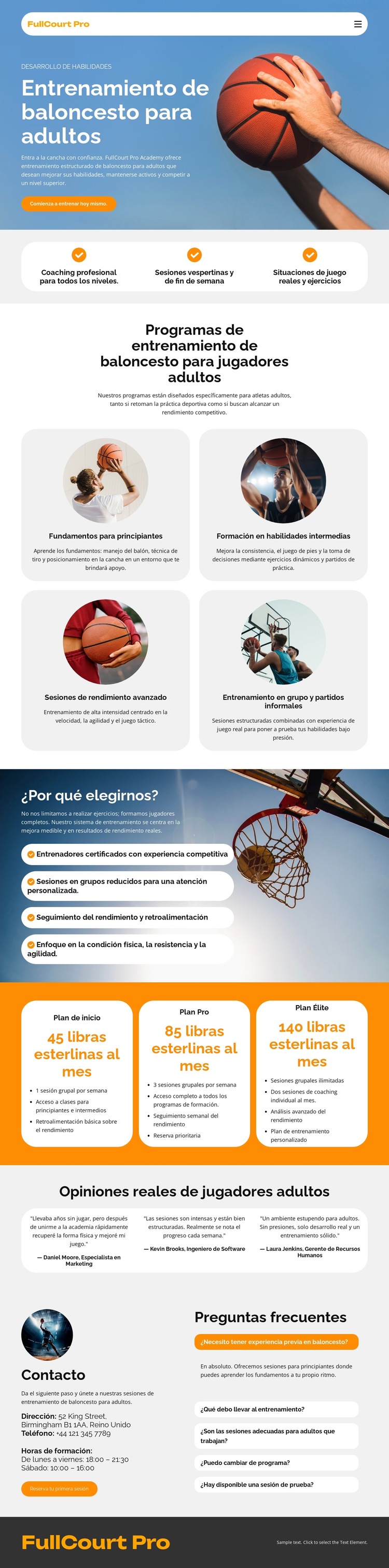 Entrenamiento de baloncesto para adultos Plantilla de sitio web