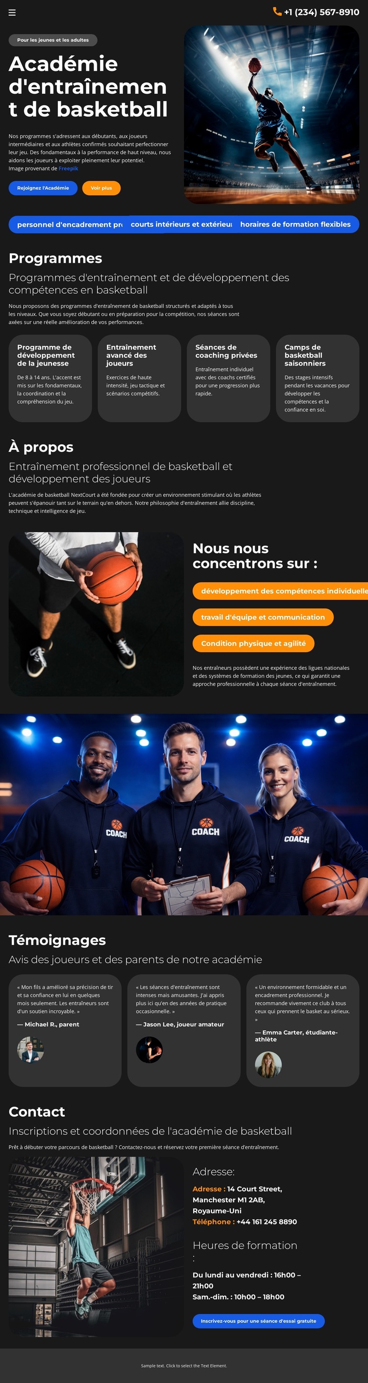École d'entraînement de basketball Modèle de site Web