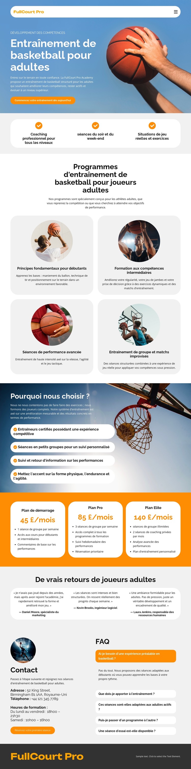 Entraînement de basketball pour adultes Modèle de site Web
