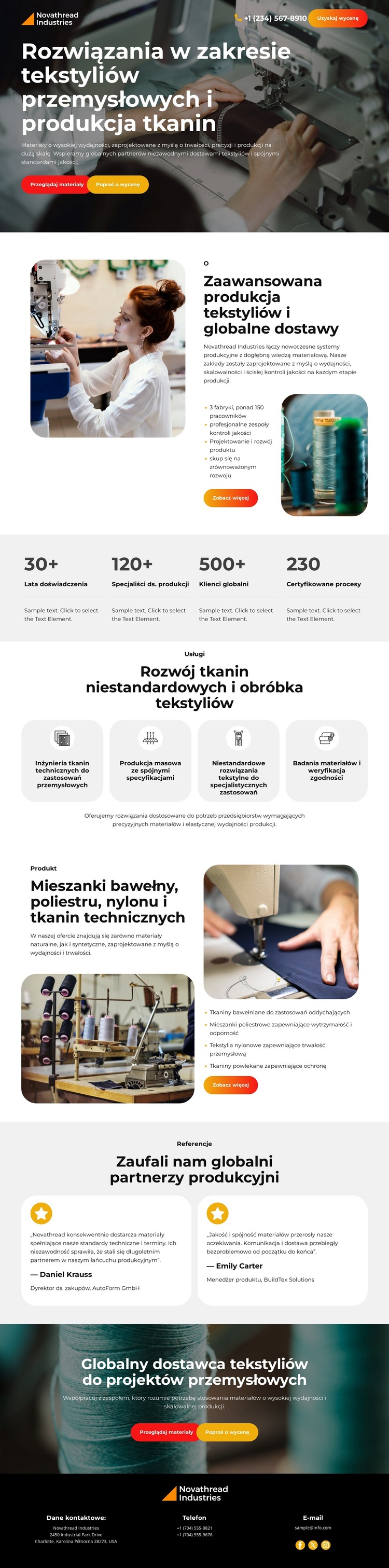 Produkcja tekstyliów przemysłowych Szablon witryny sieci Web