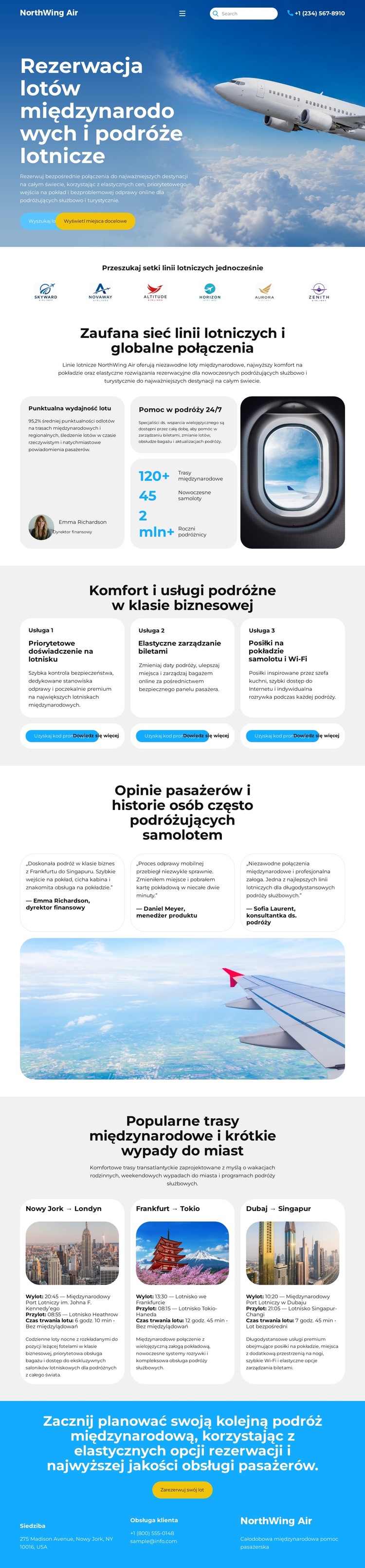 Nowoczesne rezerwacje lotnicze Szablon witryny sieci Web