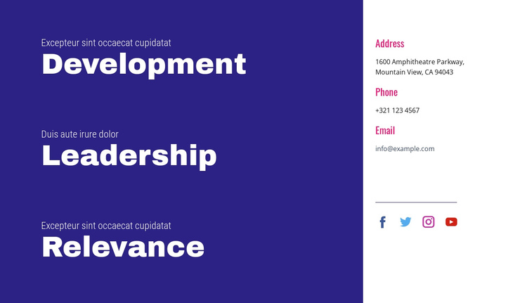 Development, leadership, relevance One Page Template
