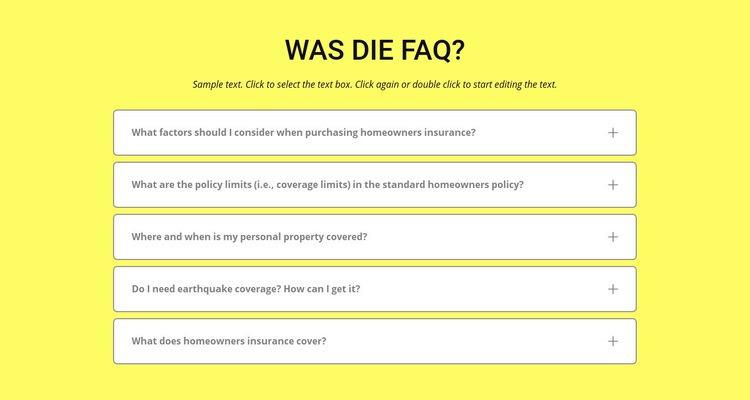 FAQ auf gelbem Hintergrund HTML Website Builder