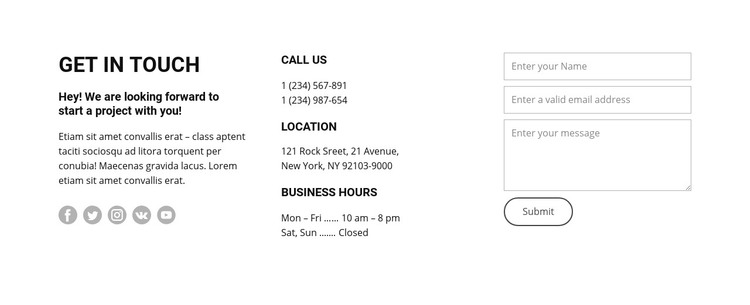 Opening hours and contacts Homepage Design