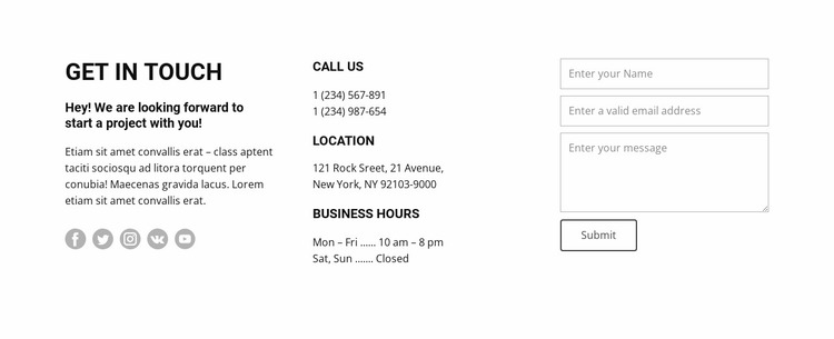 Opening hours and contacts Website Mockup
