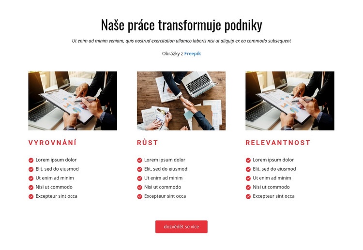 Naše práce transformuje podnikání Šablona HTML