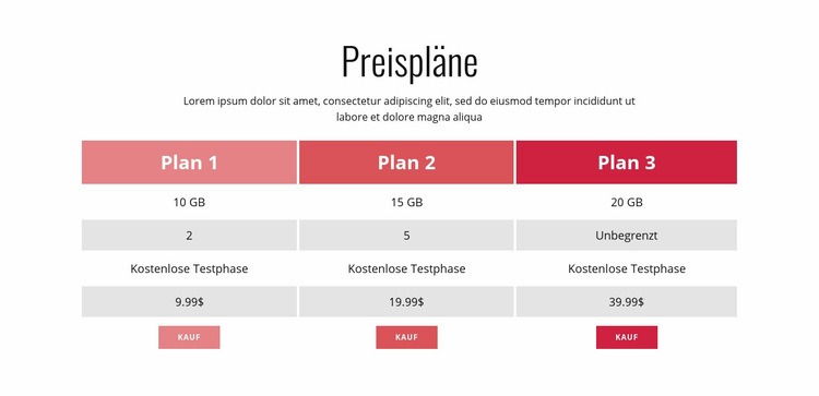 Preisplan Website-Modell