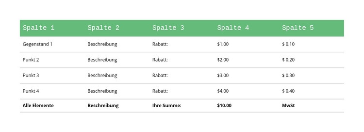 Klassische Tabelle mit grüner Kopfzeile HTML Website Builder