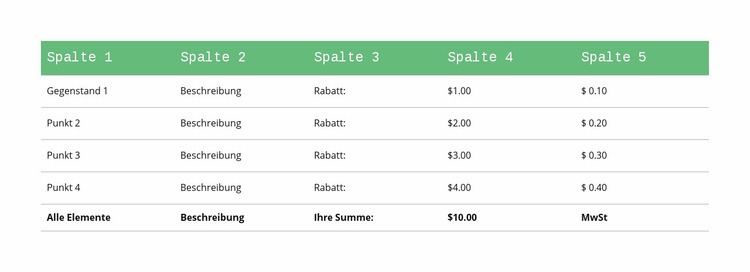 Klassische Tabelle mit grüner Kopfzeile HTML5-Vorlage