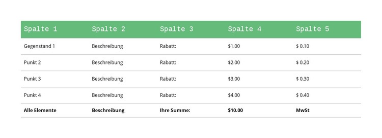 Klassische Tabelle mit grüner Kopfzeile Vorlage