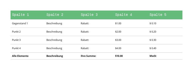 Klassische Tabelle mit grüner Kopfzeile Website design