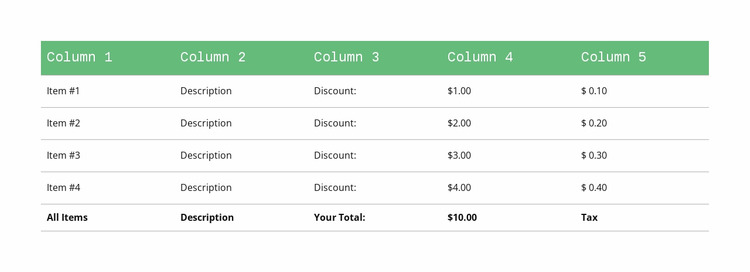 Classic table with green header Html Website Builder