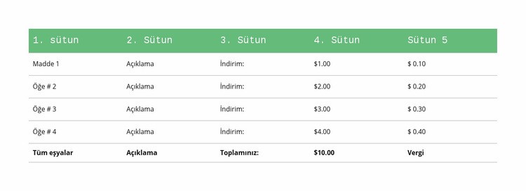 Yeşil başlıklı klasik masa Html Web Sitesi Oluşturucu