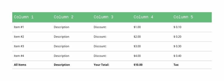 Classic table with green header Website Builder Templates