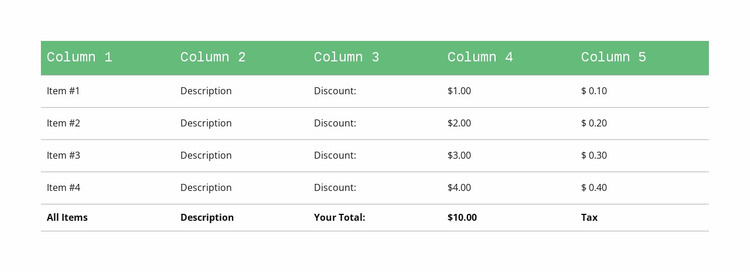 Classic table with green header Website Mockup