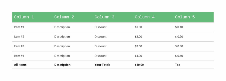 Classic table with green header Website Template