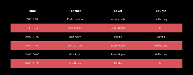 Color table on dark background Web Design