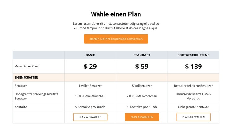 Wählen Sie einen Plan CSS-Vorlage