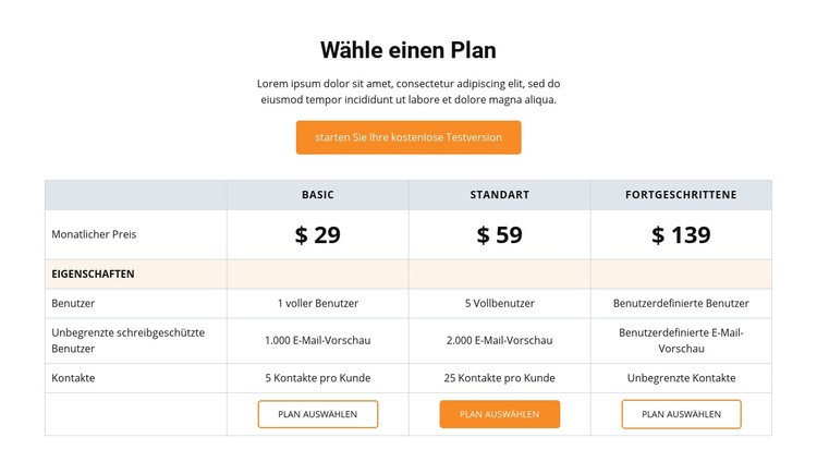 Wählen Sie einen Plan Website-Modell