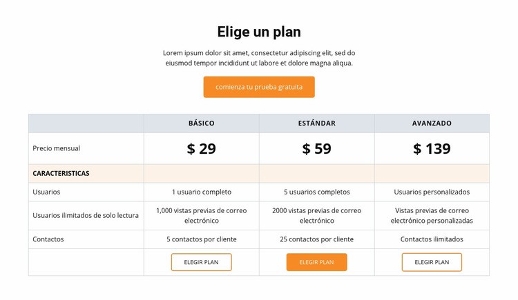 Elija un plan Plantillas de creación de sitios web