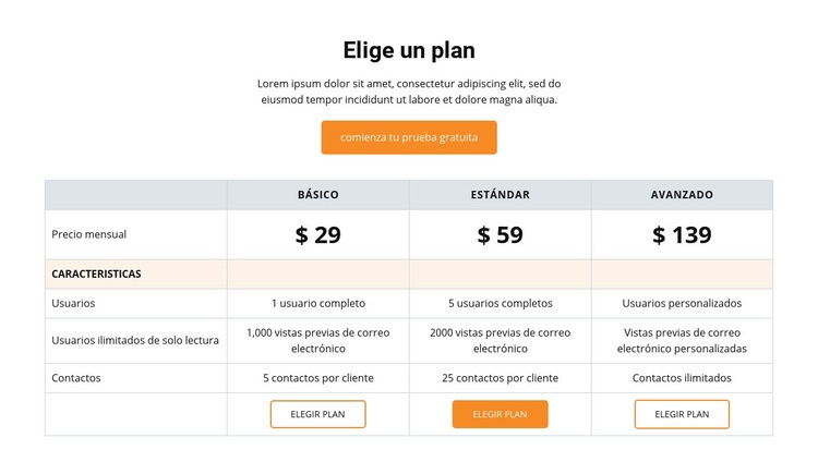 Elija un plan Diseño de páginas web