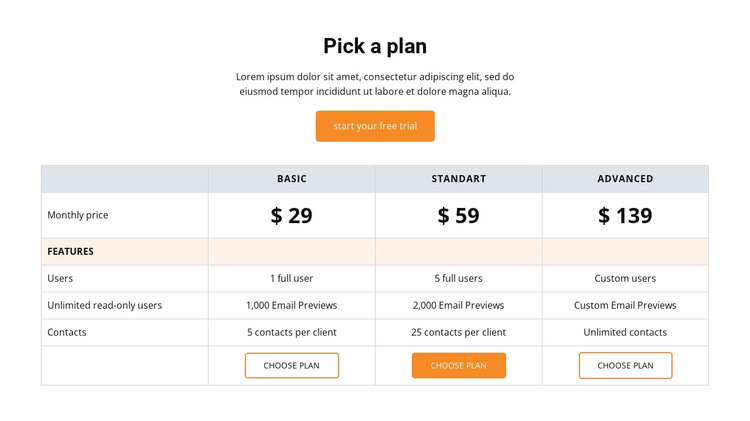 Pick a Plan HTML5 Template
