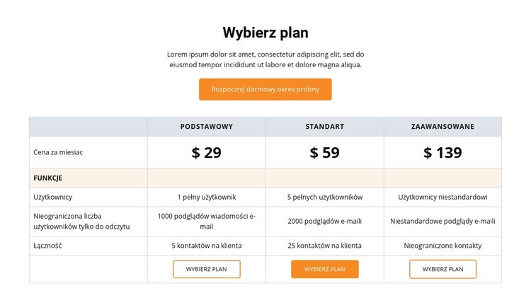 Wybierz plan Makieta strony internetowej