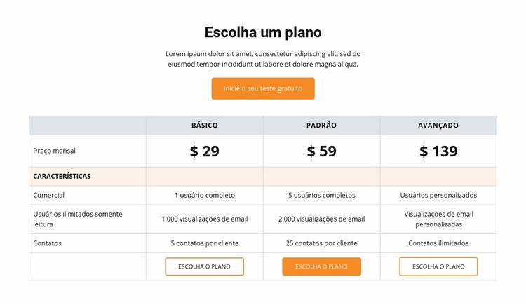 Escolha um plano Maquete do site