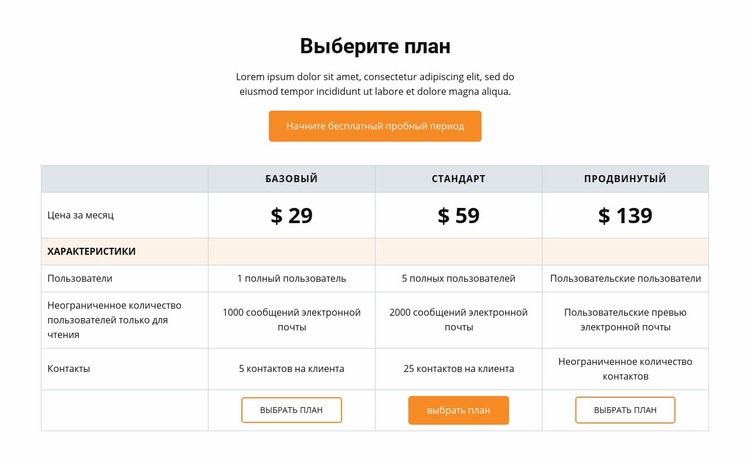 Выберите план HTML5 шаблон