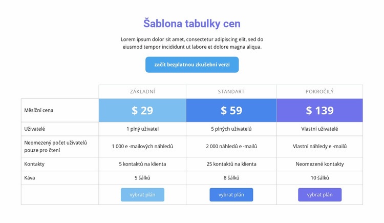 Šablona tabulky cen Šablona webové stránky